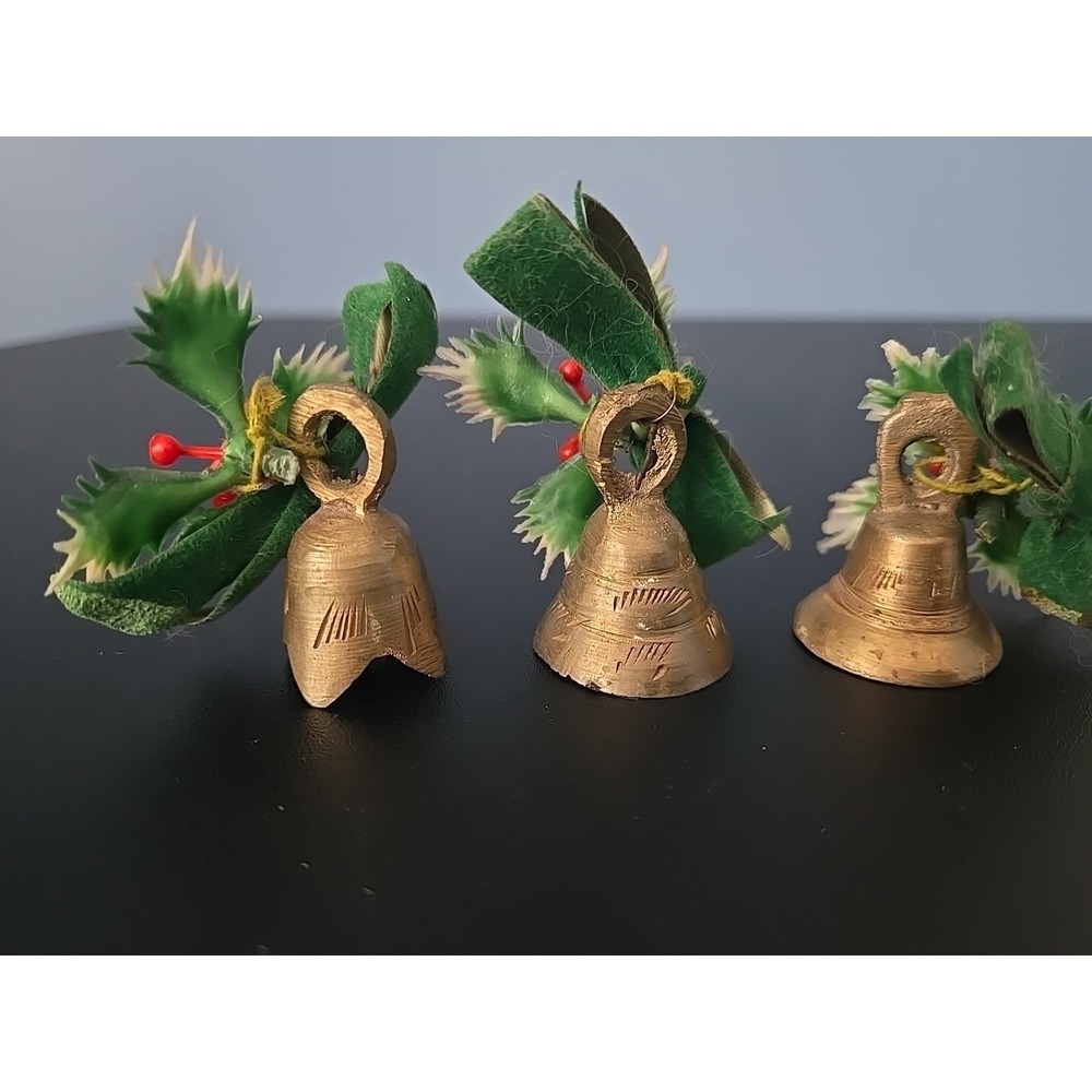 3 Vintage Antique Small Brass Bell Etched Patina Original Clapper 1.5" Tall